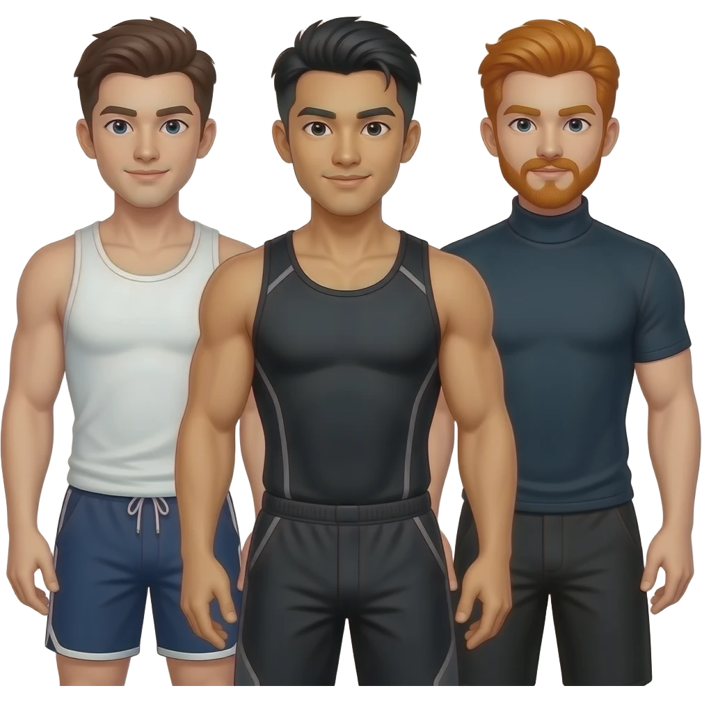Gay throuple, one white guy with brown hair in a tank top and short shorts, one muscular Asian man with great hair in a gym outfit, and one redhead with a mustache in a turtleneck emoji