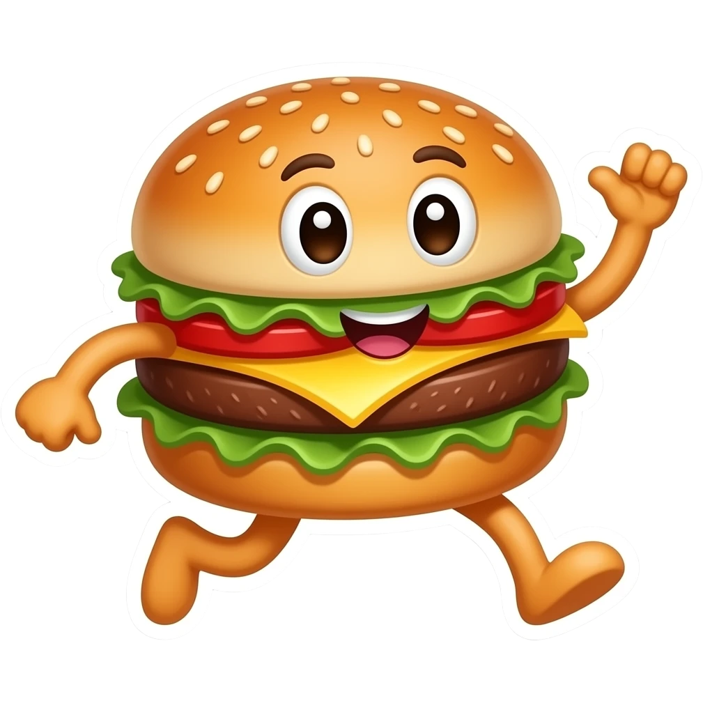 Funny hamburger mascot sticker, dynamic pose, cartoon illustration, thick white border, vibrant colors, transparent PNG emoji