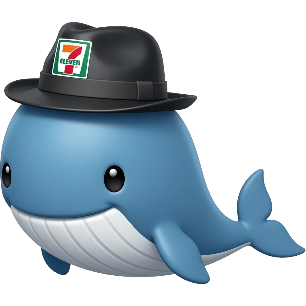 cartoonish blue Whale wearing a 7-eleven branded black and grey fedora emoji