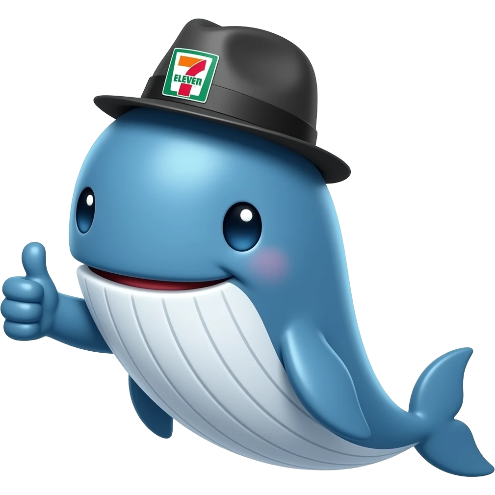 cartoonish blue Whale wearing a 7-eleven branded black and grey fedora with a thumbs up emoji