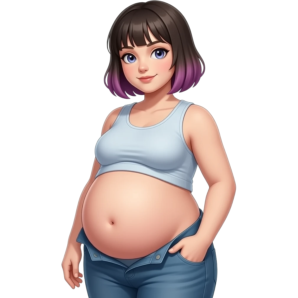 A girl with a semi pixie emo hairstyle,wears a crop top and a unbuttoned pants,stocky robust build,she always looks constantly well fed & pregnant like,her tummy is big & round,heavy in the belly,she is stuffed silly,her bellybutton is deep hollow innie like a tiny void. emoji