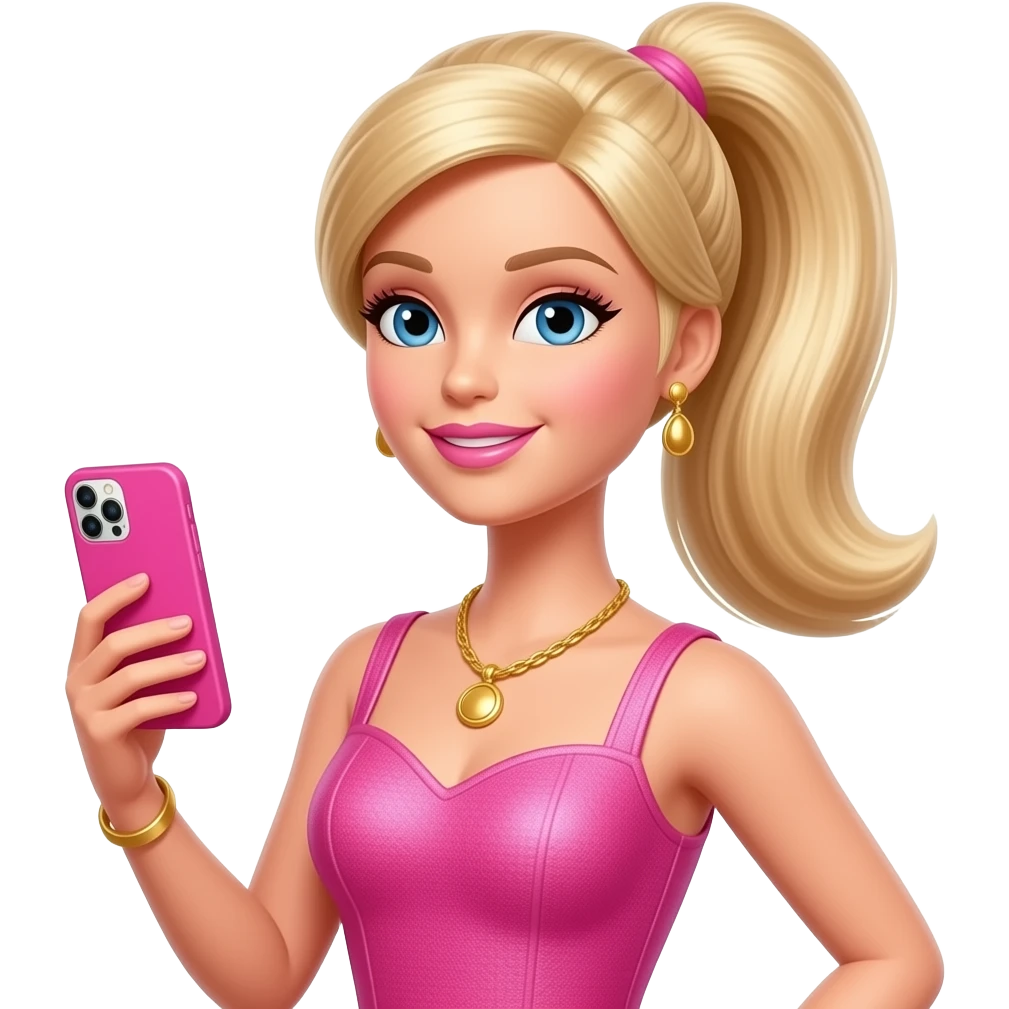 a blonde Barbie with one pigtails, wearing a pink dress, holding a pink smartphone, and wearing gold jewelry emoji