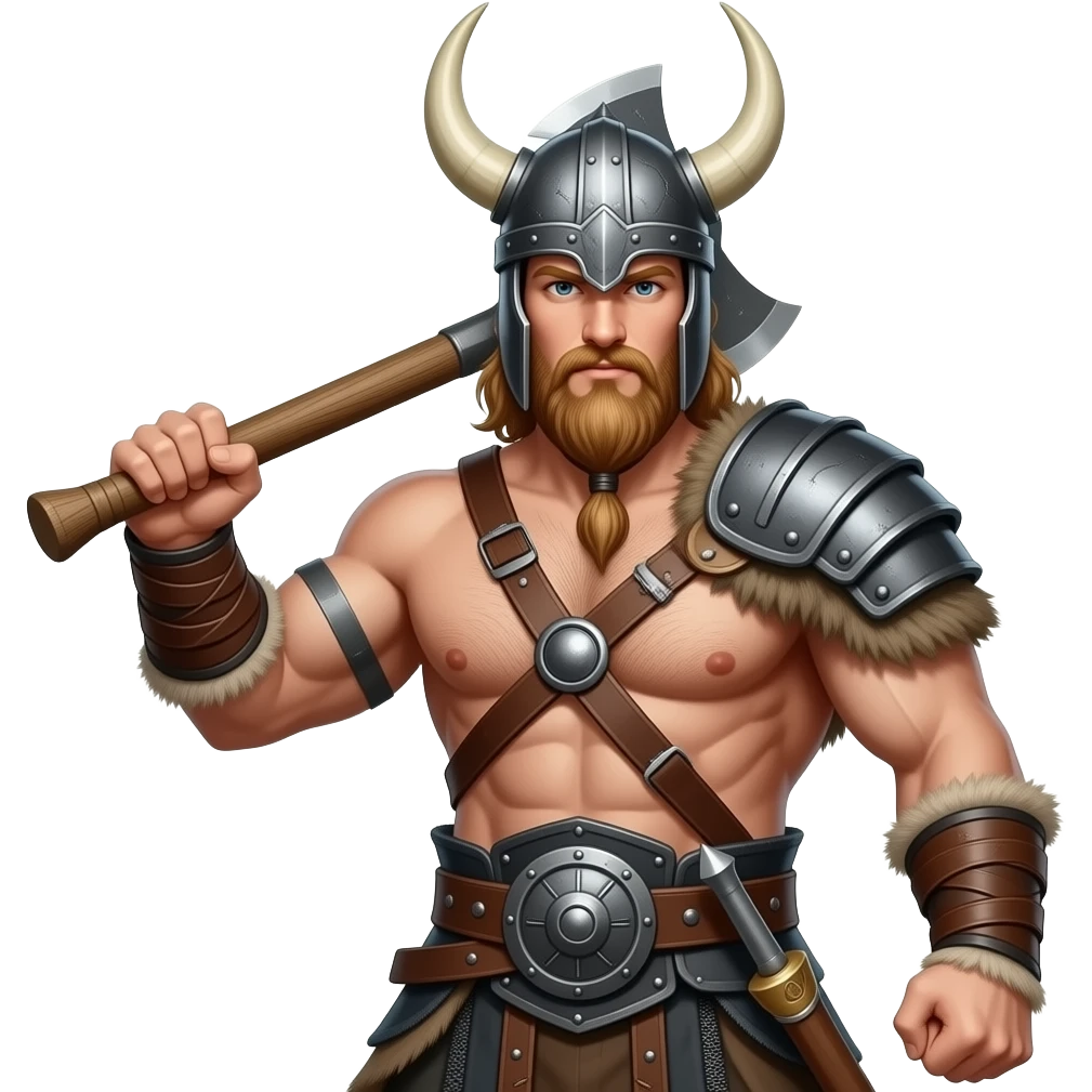 Vikinger mit nackten maskulinen Oberkörper und einer behaarten und starker Brust, mit Leder Riemen und Schulterpanzer. Er schwinkt eine Axt und trägt ein Helm mit Hörnern emoji