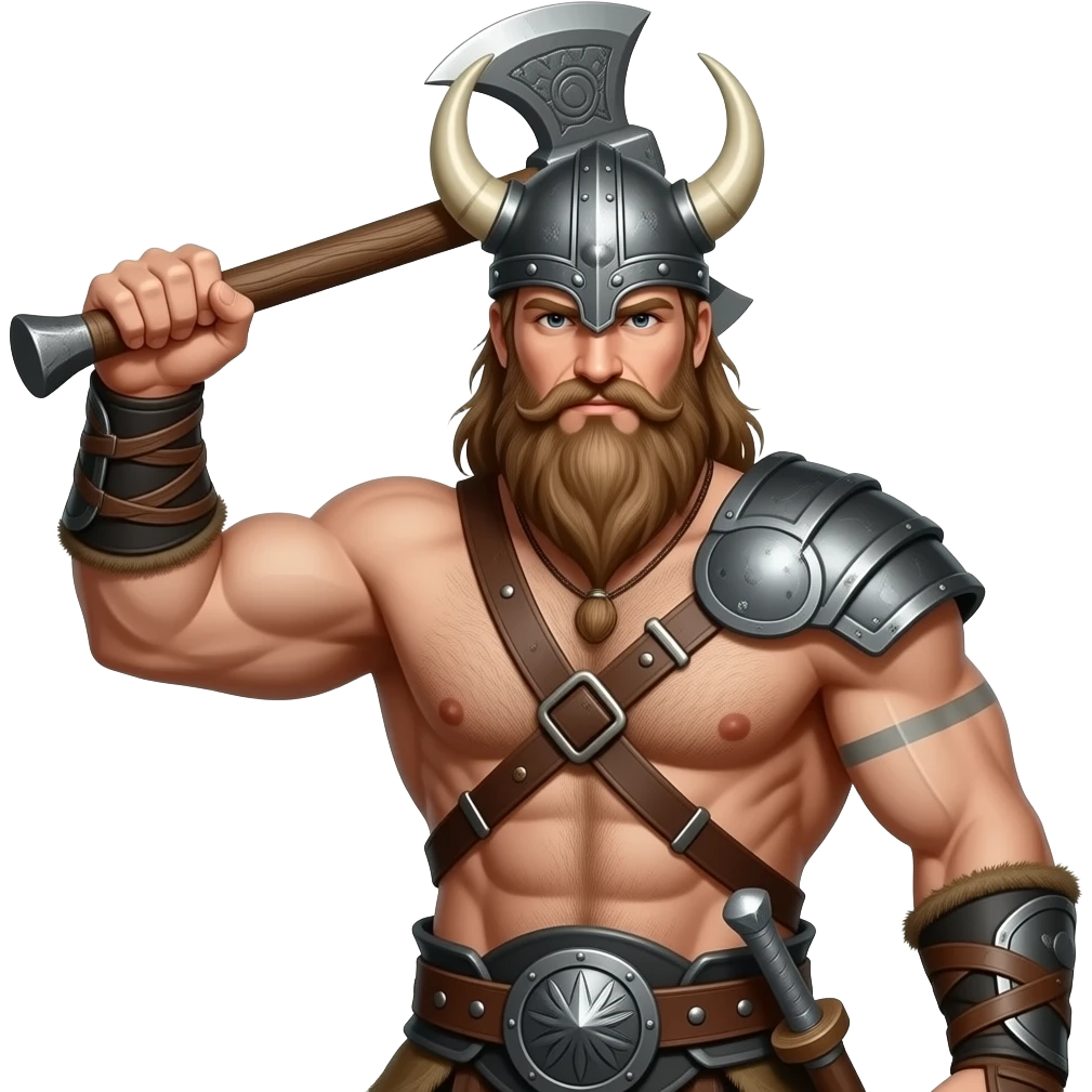 Vikinger mit nackten muskulösem körper und einer behaarten und starken Brust, mit Leder Riemen und Schulterpanzer. Er schwinkt eine Axt und trägt ein Helm mit Hörnern und hat ein langen Bart emoji
