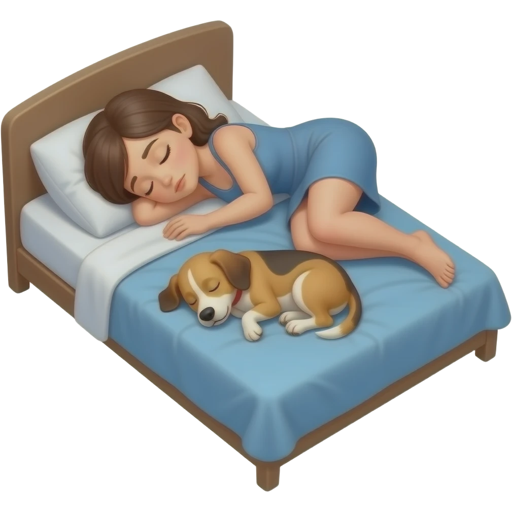 Una mujer torcida y completamente incómoda en una esquina de la cama, casi sin espacio para ella, porque un perro mediano está profundamente dormido en el centro ocupando toda la cama. emoji