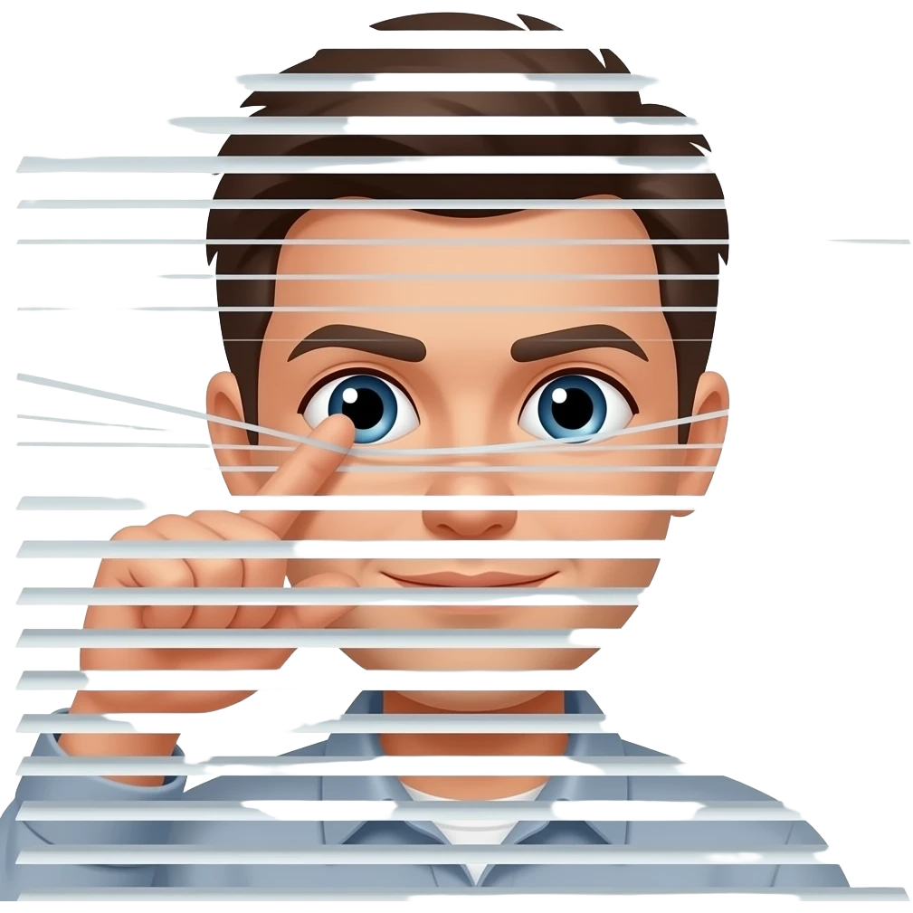 person peering through window blinds with one finger pulling the blind down by their eye looking like they are being nosey emoji