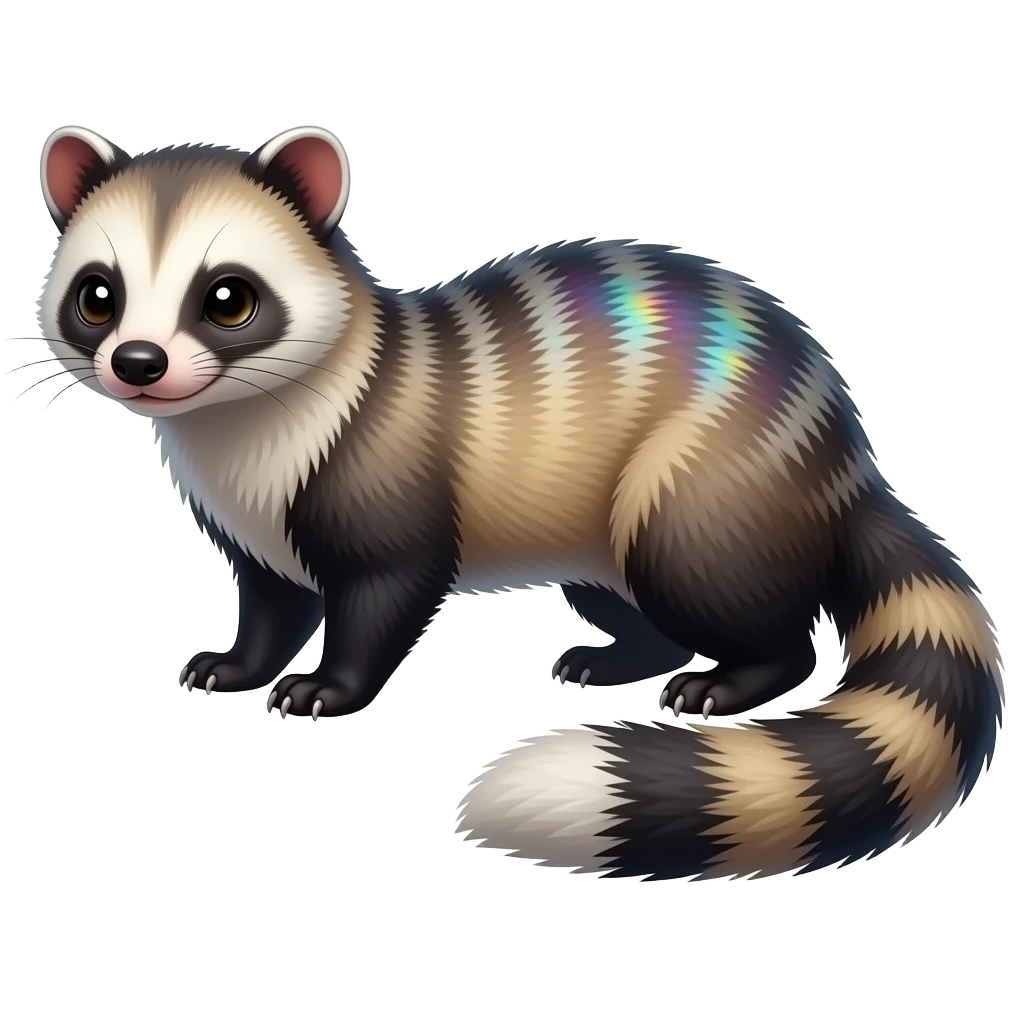 Colorful onyx-obsidian-pitch-black and rainbow-iridescent Cacomistle-Bunnelby-Numbat-Ferret-hybrid-fusion-animal-creature, full body  SIMILAR emoji