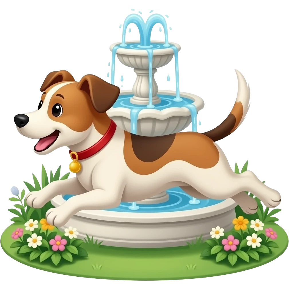 The dog runs around the garden fountain. emoji