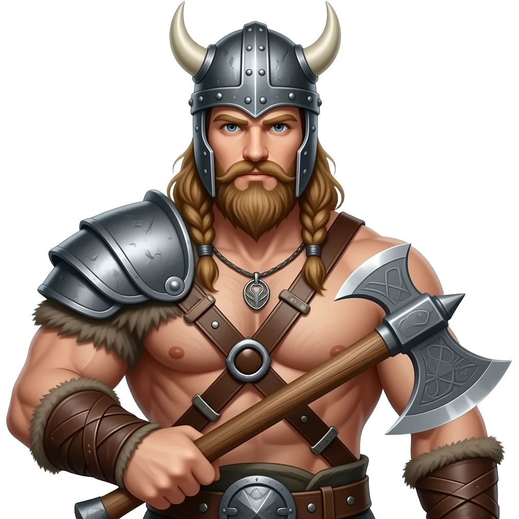 Vikinger mit nackten maskulinen behaarten Oberkörper und starker Brust, mit Leder Riemen und Schulterpanzer. Er trägt eine Axt und ein Helm emoji