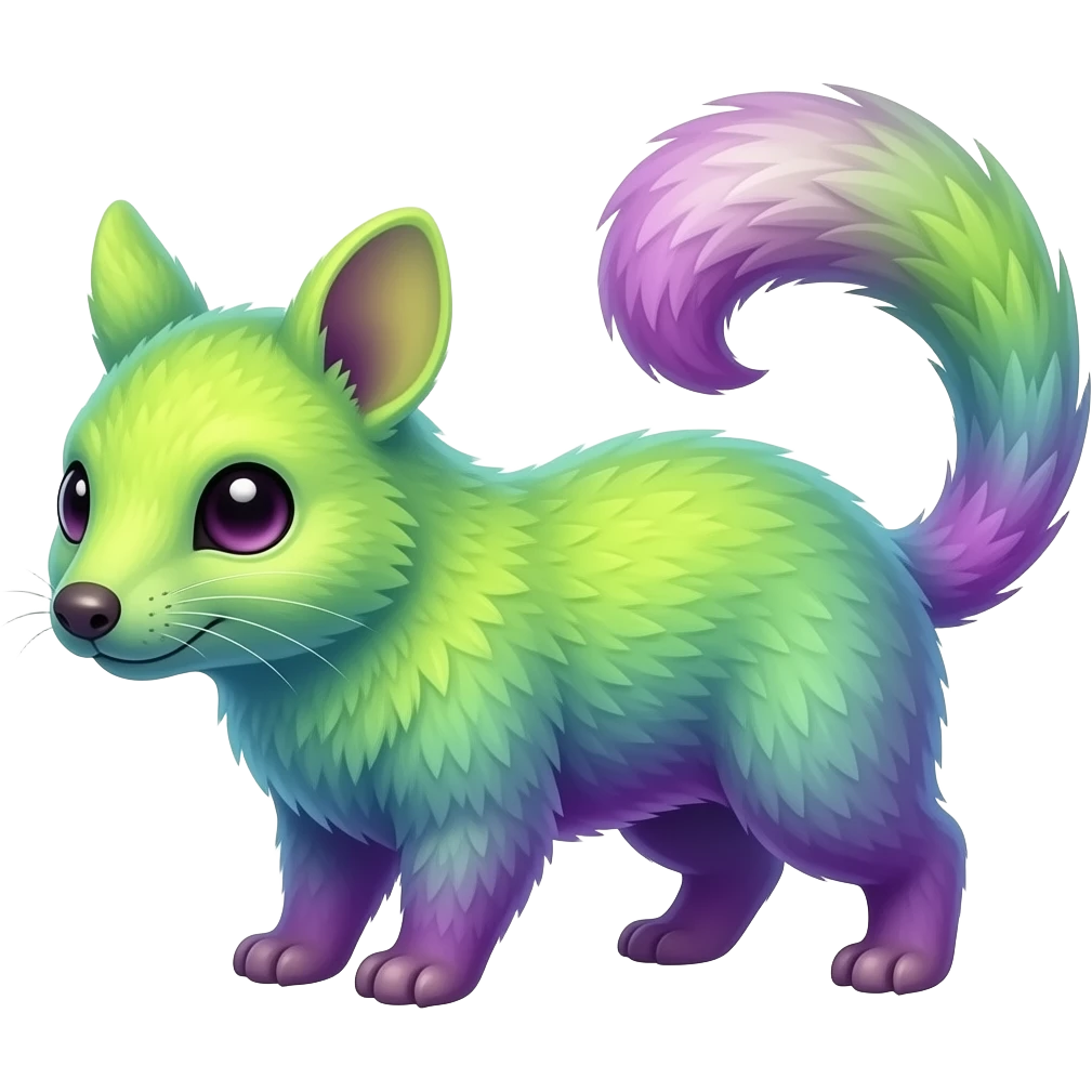 Iridescent Neon Lime-Green-Magenta-gradients Minccino-Numbat-Sergal-fusion-hybrid-animal-creature, full body emoji