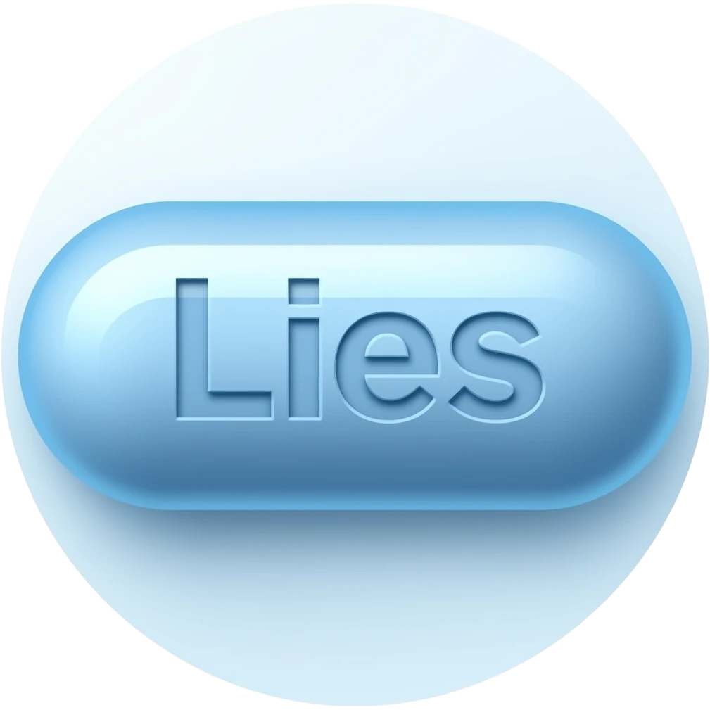 A blue oblong pill with "Lies" engraved in it. emoji