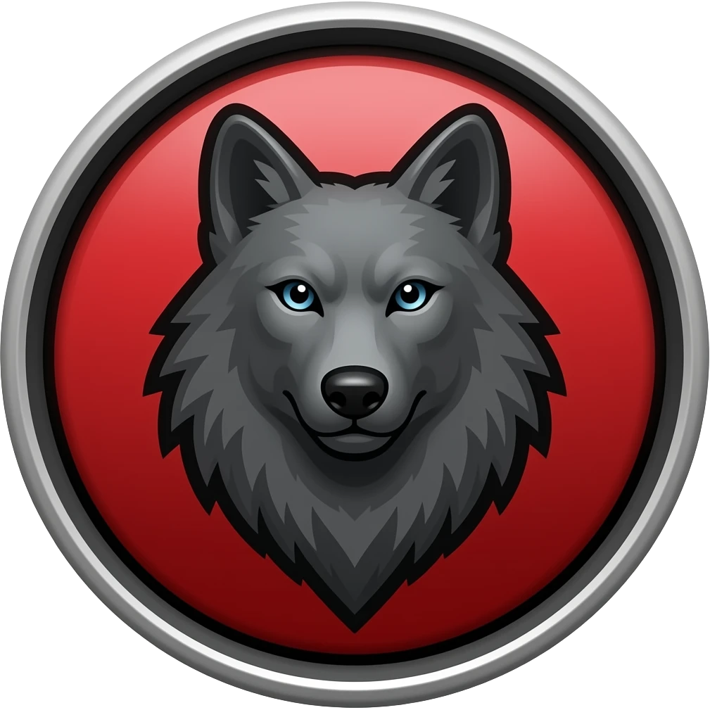 Red and black badge with a wolf emoji