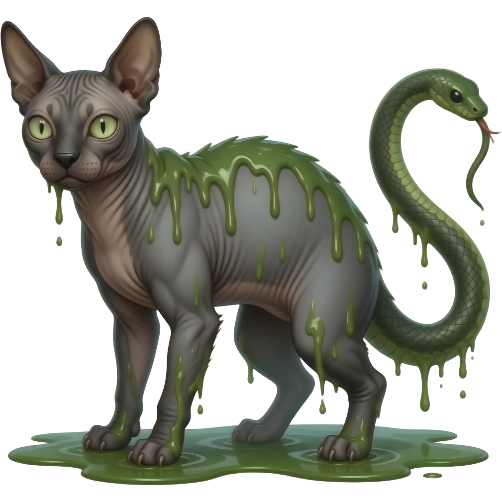 Realistic cool badass swampy greenish dark edgy spooky Flurry furry scary slimy oily glossy wet gloomy dusky scaly sergal-serval-possum-sphynx-Koi-sergal-fusion-animal-hybrid-creature with a snake-tail emoji