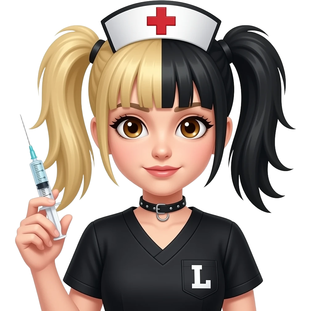 Punk nurse girl with hypodermic needle with half blonde half black hair in pigtails with a letter L patch on black scrubs and brown eyes emoji