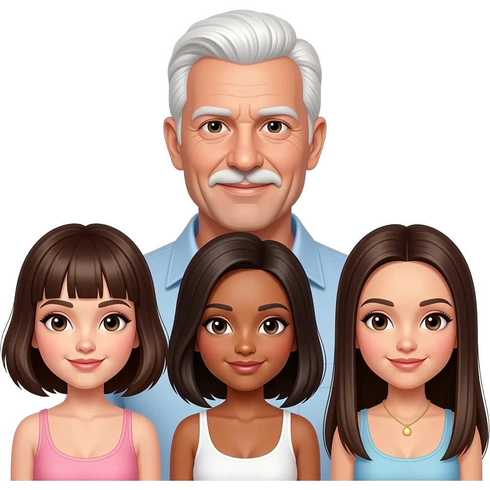 white hair sugar daddy with 3 brunette sugar babies all same size : one with medium hair and bangs, the other with medium hair, and the other with Long straight darker hair. emoji