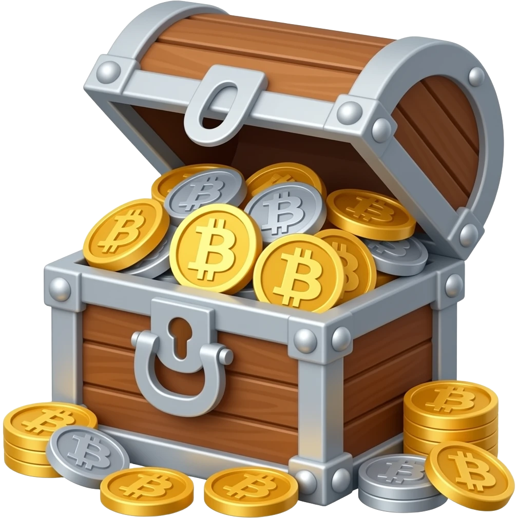 Treasure chest filled with Gold, Silver, and Bronze bitcoins emoji