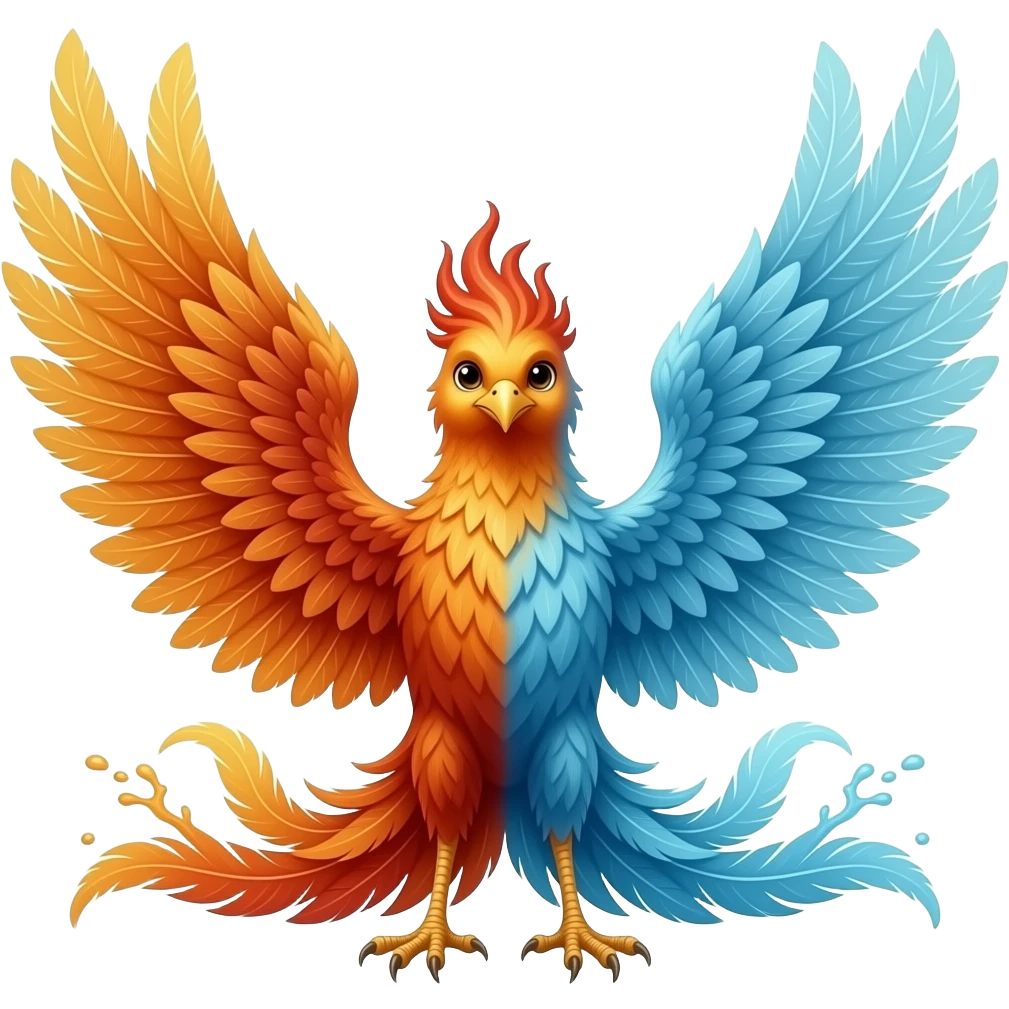 A phoenix with long tail feathers made of smoke on one side and water on the other side facing the camera emoji
