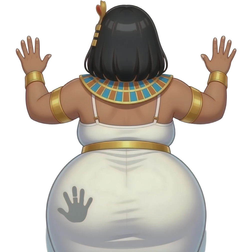Anime extremely fat big booty Egyptian girl showing back her buttocks with putting her hands behind the wall with a grey hand print on her left buttock with her white dress emoji