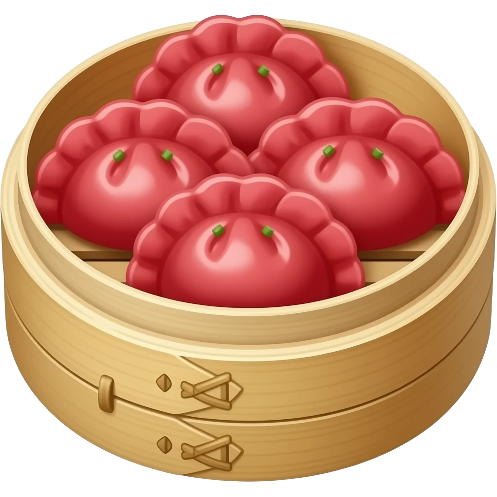 Cute emoji of round red Korean gulrim mandu, wrapperless, green scallions visible, in a bamboo steamer. emoji