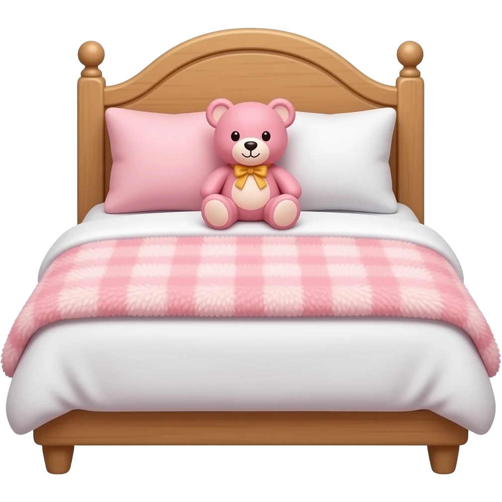 cozy bed front view and light pink, color and white pillows and a fluffy blanket and a pink teddy bear emoji