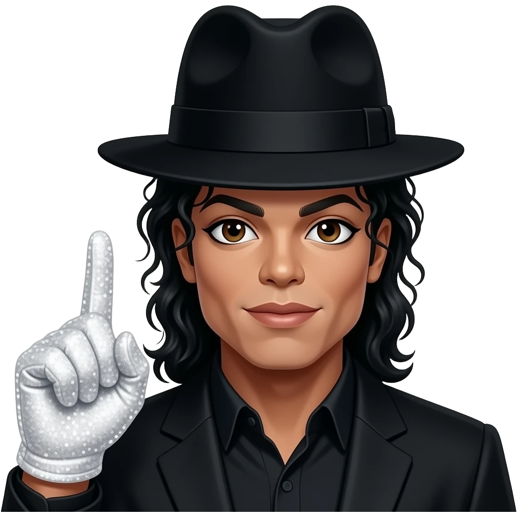 Michael jackson tan/darker skin tone wearing a black fedora and a single white glitter sparkly glove on his left hand and black curls and a little bit of eyeliner on his bottom eye and has brHas brown or hazel eyes emoji