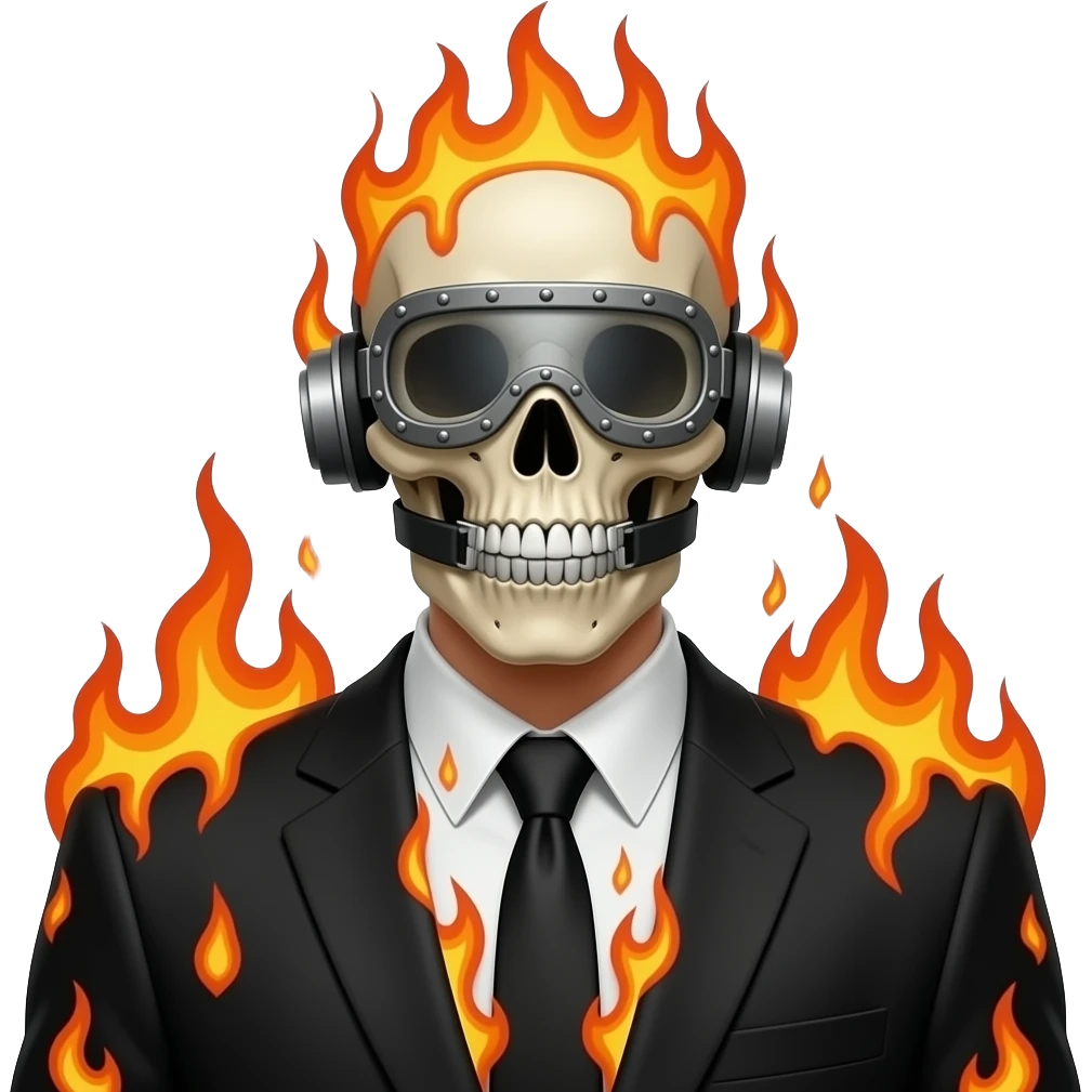 a skeletal figure wearing a suit who embodies the phrase "See no evil, hear no evil, speak no evil" as well as a symbol of censorship. His eyes are covered by a riveted-on visor, his mouth is clamped shut and his ears capped. His entire body is on fire emoji