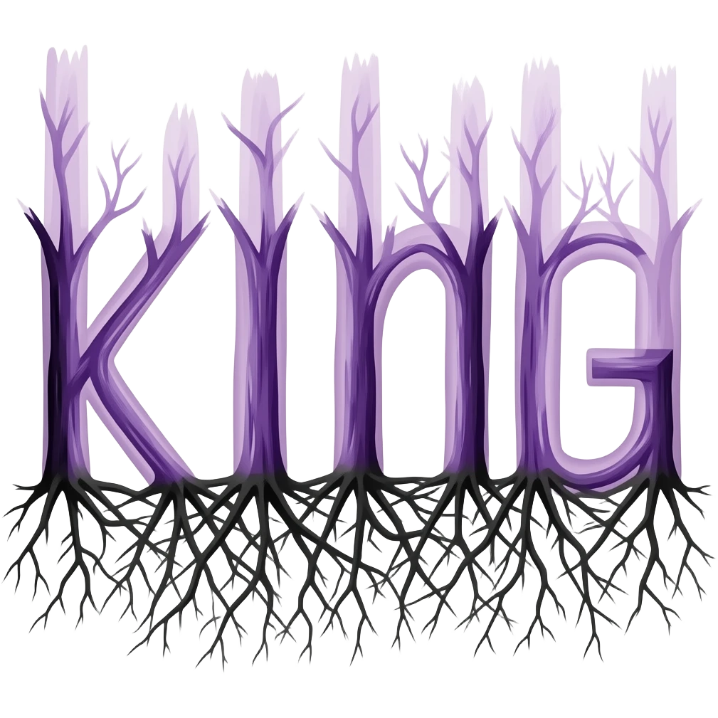 كلمة باستخدام جذور بنفسجية اللون اكتب king_root جذر واحد لكل حرف واجعل الكلمه في سطر واحد ملتفا حولة من الأسفل جذور سوداء اللون emoji