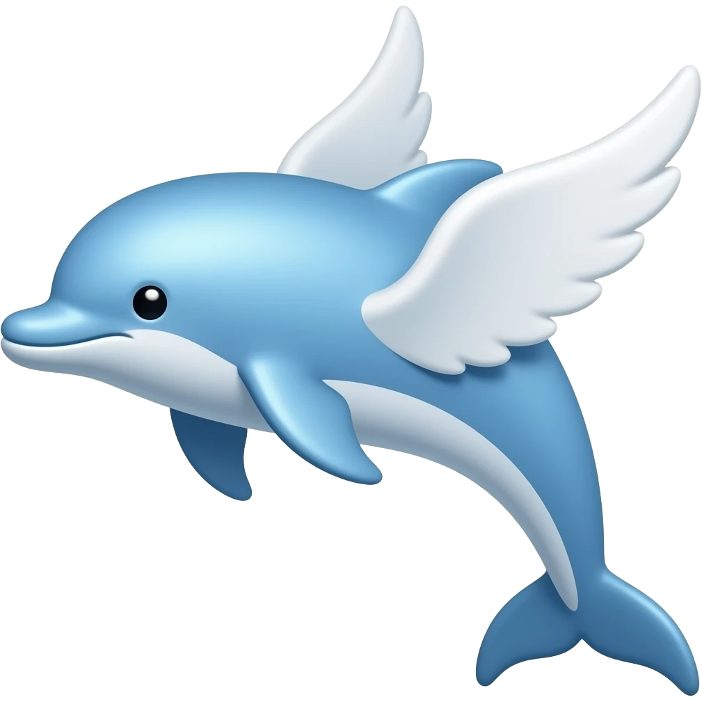 🐬thin dolphin emoji with 2 white wings, glass blue ,2d, simple emoji