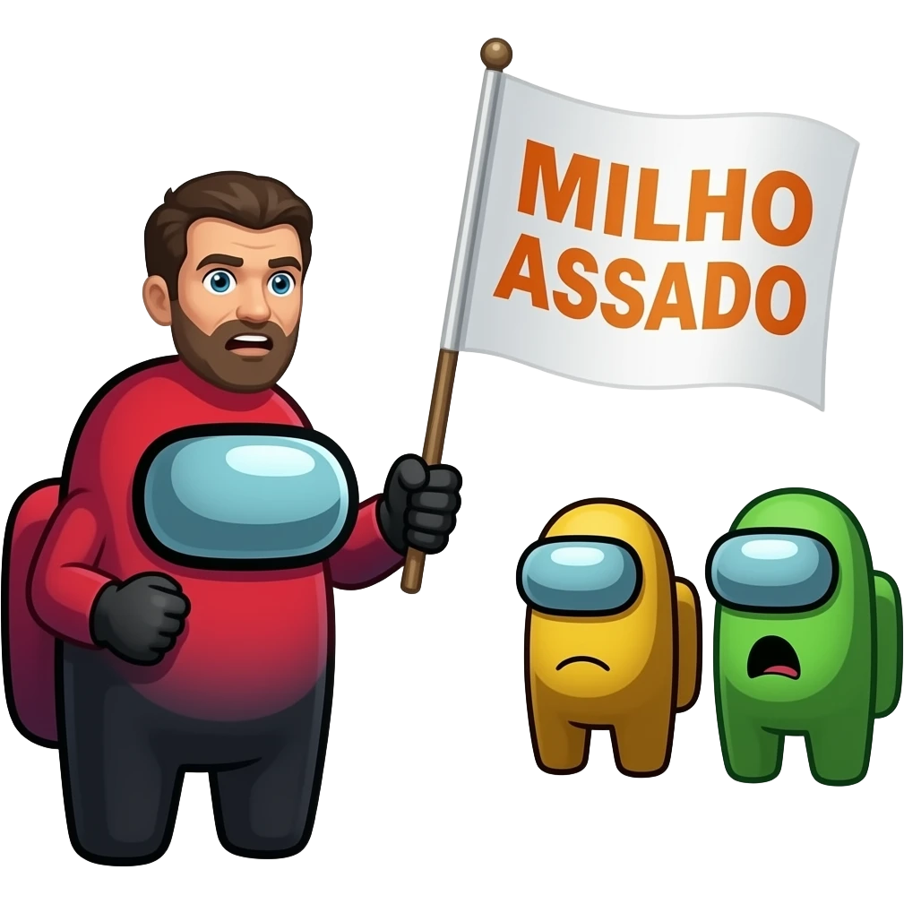 Among us tripulante matando o impostor é os outros tripulantes chocados é surpresos com uma bandeira branca escrita MILHO ASSADO emoji