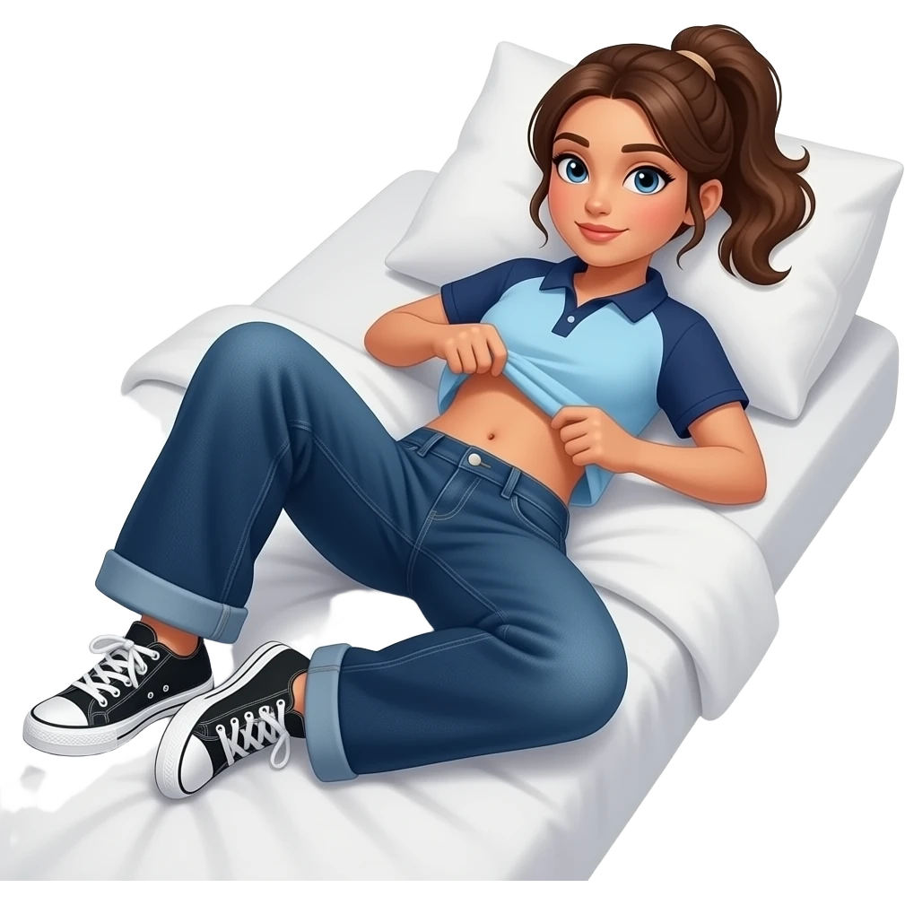 Hispanic girl with brown ponytail and blue eyes light blue and dark blue polo and dark blue baggy jeans and white and black sneakers and belly button laying down on her pillow on her bed lifting her shirt doing a belly rub emoji