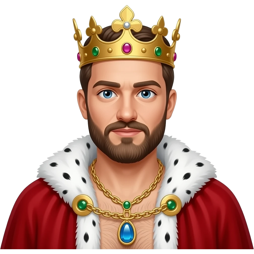 Erstelle ein Nahaufnahme von einem König mit Bart und Krone, er trägt eine Goldkette mit Edelsteinen um den Hals. Er hat kein Hemd an aber ein roten samt Umhang mit weißen Pelz um seine Schulter. Unter dem Umhang sieht man seine behaarte männliche Brust emoji