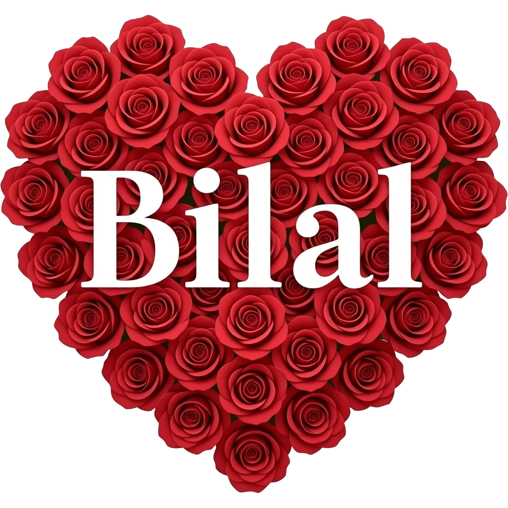 write name ,,bilal,, , in a heat shaped roses red roses emoji