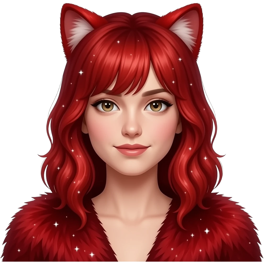 Hyper realistic fire red velvet fur soaked in starlight glitter and shadow gradients beautiful, shoulder bust emoji