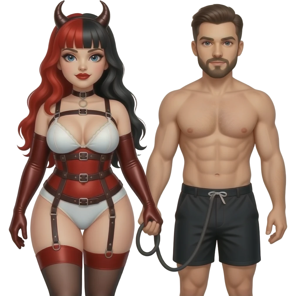 Dominatrix wearing a darkred bdsm style harness lingerie. White skin, chubby, dark Make the girl have long red and black hair and male partner in boxers getting walked on a leash with goatee facial hair emoji