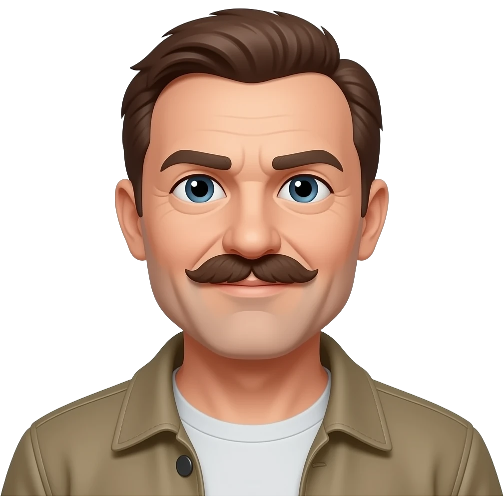 Hombre de 78 con bigote grande y mas oscuro, calvo y poco pelo moreno con algo de abdomen pantalón vaquero largo cazadora emoji