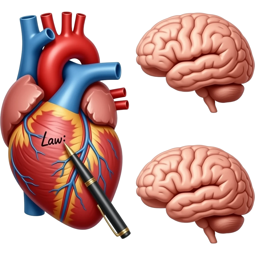 An anatomically acurate human heart with a pen writing "Law:" on the heart. Next to it, an anatomically correct human brain with a pen writing "Law:" on the brain. The word "Law:" has to be on both the heart and the brain.  There should only be one heart and one brain. emoji
