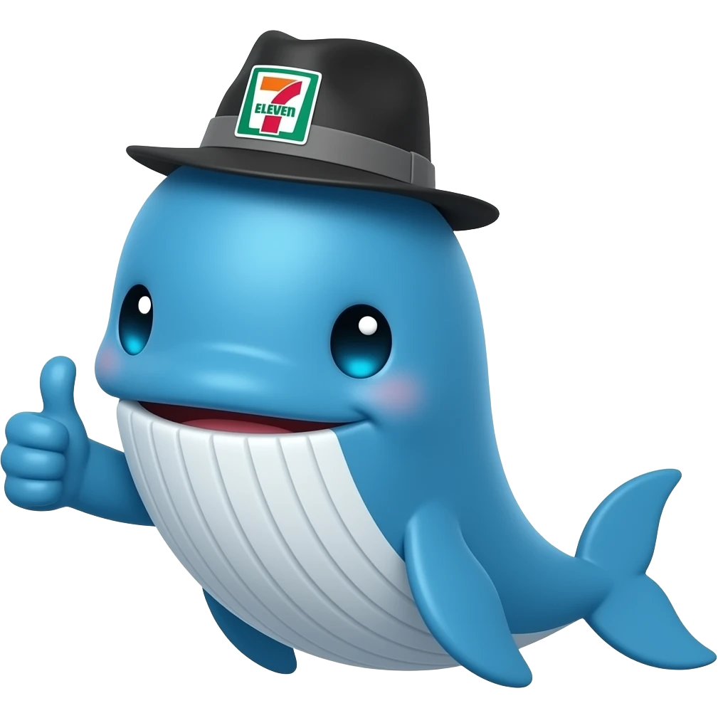 cartoonish blue Whale wearing a 7-eleven branded black and grey fedora with one flipper showing a big thumbs up emoji