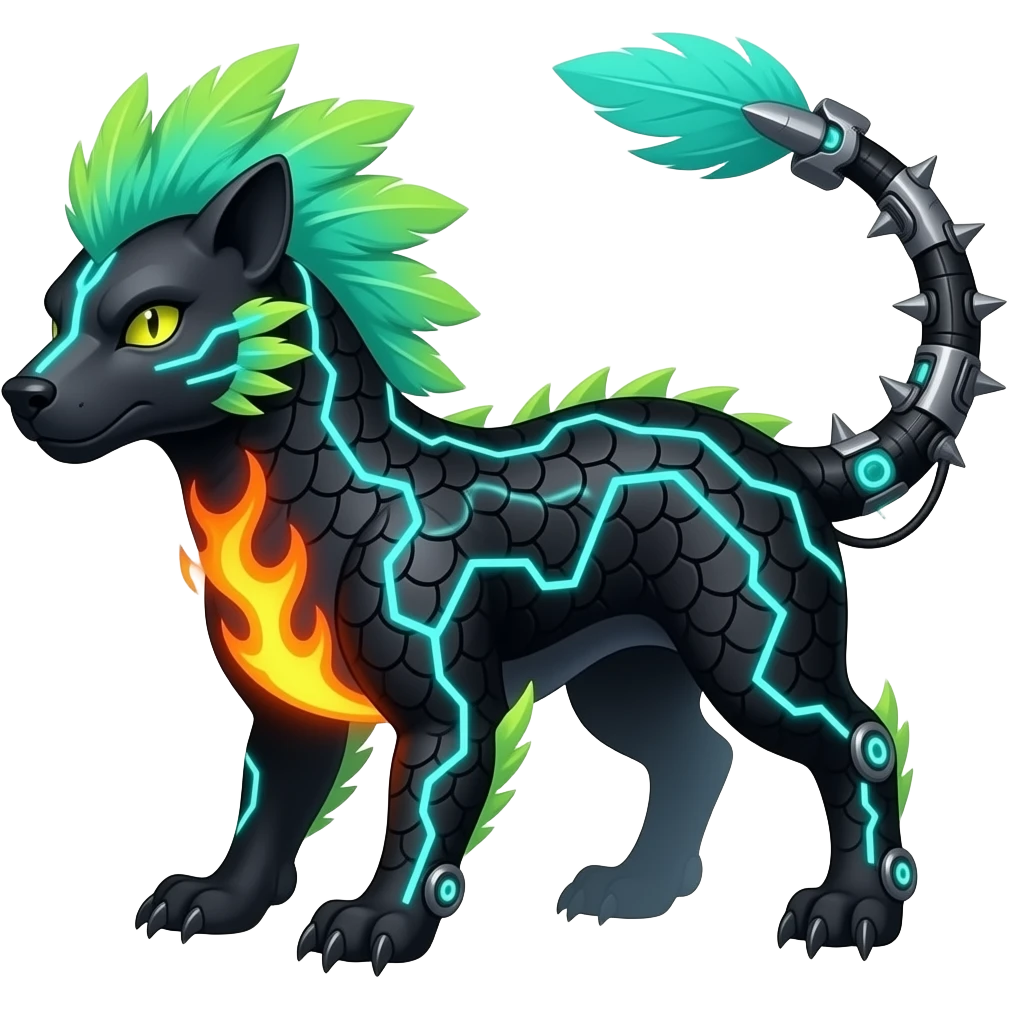Cool edgy fiery cybernetic electrical Circuitry-patterned black-scaled with neon-cyan stripe markings digitigrade futuristic raptorik fantasy-Cyberpunk-Steampunk-Solarpunk-Genesect-Salamence-Cyclizar-Salazzle-Feraligatr-Fakémon-animal-hybrid, with neon feather-mane, and a tail blade, back spikes emoji