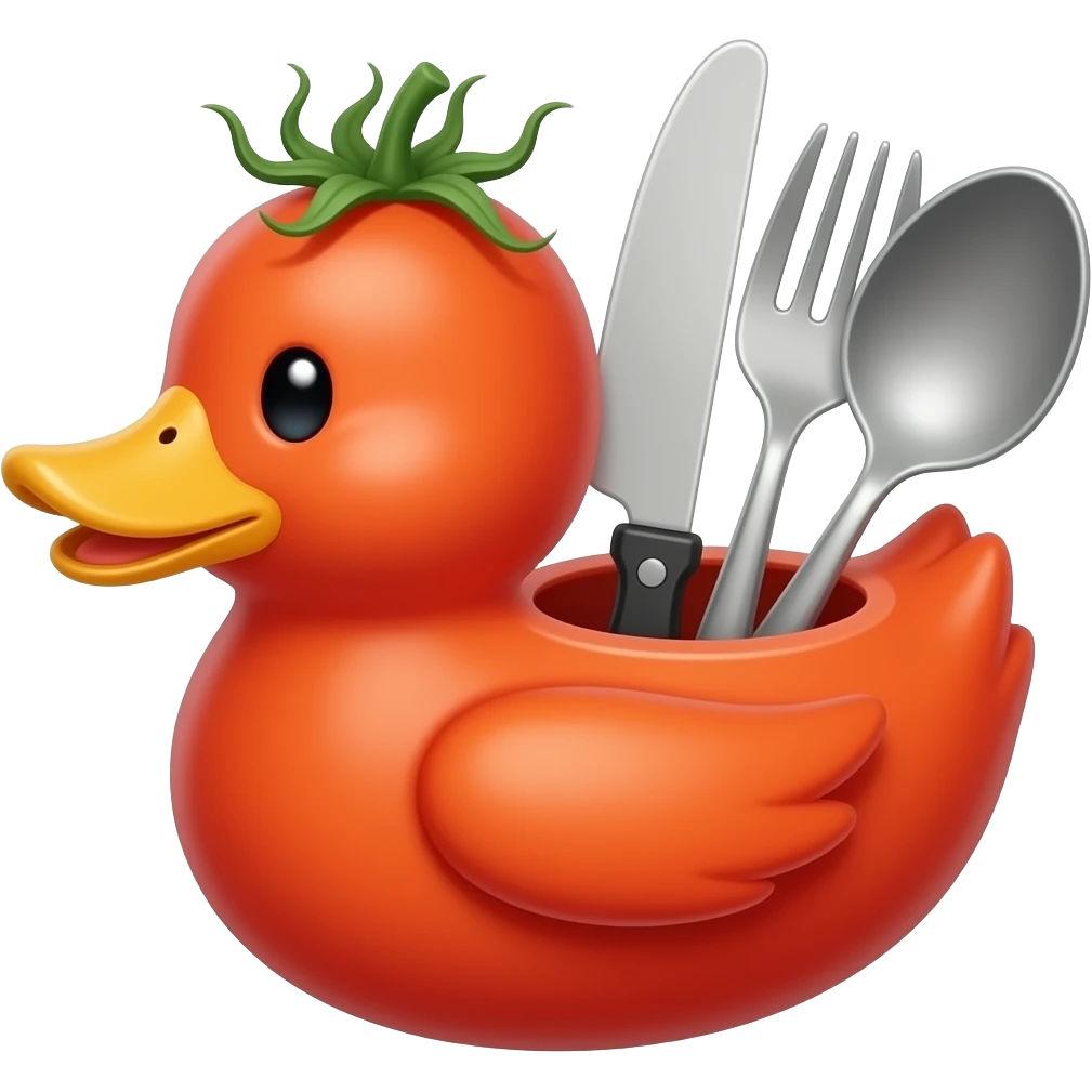 Cooking kitchen utensils inside of tomato shaped duck emoji