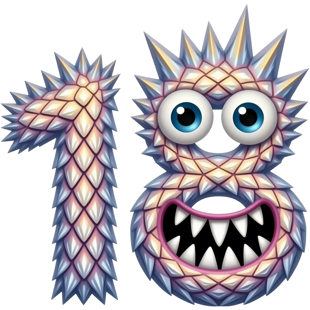 A colorful number 18 with spiky hair , two eyes and sharp teeth on the 8 emoji