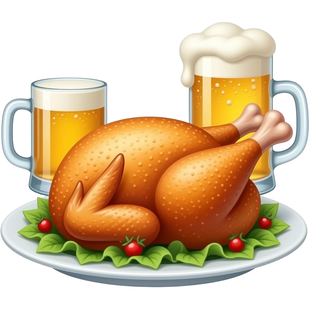치킨에 맥주한잔 하는 미팅이 생겼어. 치킨이 가운데 접시에 놓여있고, 좌 우에 맥주가있는 이모지를 만들어줘. (인물 필요없음) emoji