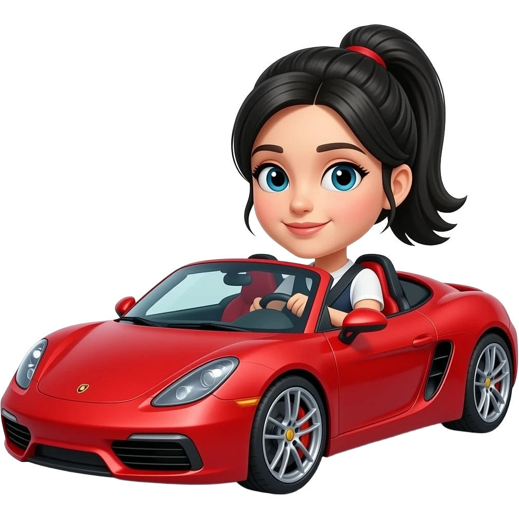 Girl with black hair ponytail driving a red sports car emoji