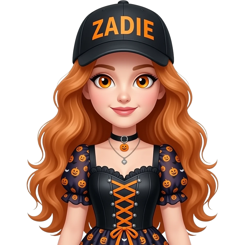 sexy girl with long wavy ginger hair and ginger eyes is wearing a halloween dress and a cap with ZADIE written on it, the full body is to seen emoji