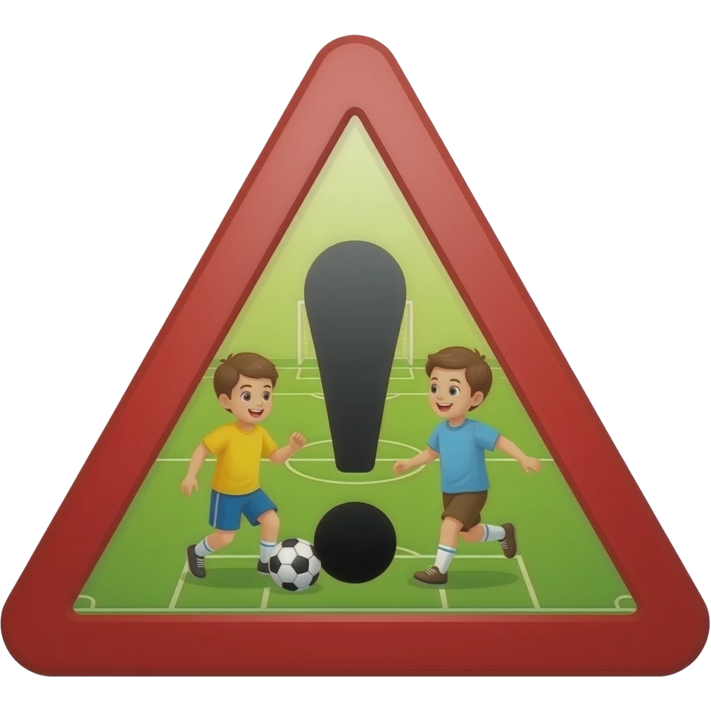 CARTEL DE PRECAUCIÓN CON niños y niñas jugando futbol en cancha emoji