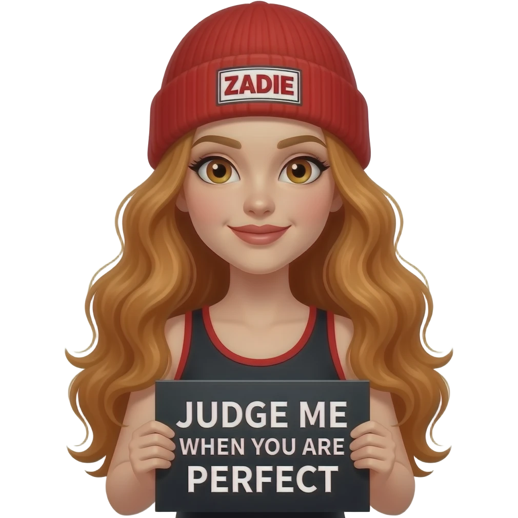 sexy girl with overlong wavy ginger hair and ginger eyes wearing a black red tanktop and a red beanie with ZADIE written on it, is holding a black sign with JUDGE ME when YOU ARE PERFECT written on it emoji