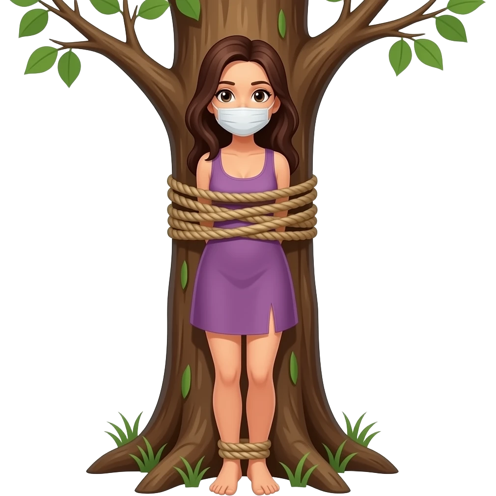나무에 밧줄로 꽁꽁 묶이고 테이프로 입이 막혀진 여자 전신 사진 emoji