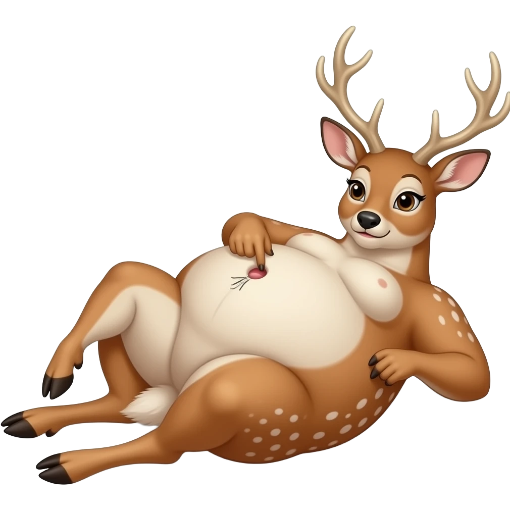A female deer/doe is sprawling on her back unable to move,she got stuck by her own massive obese tummy,couldn’t even try defend her bellybutton from fingering tickling pokers,she is that Fat,She is too full for fun right now,that deer is going to pop. emoji