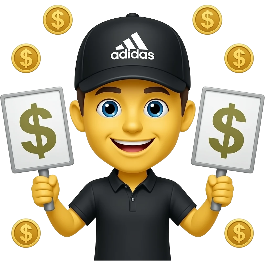 Şapkası olan iki işareti yapan gülen parası olan güzek yuvarlak sarı emoji yap😁 bu emojiden havalı olsun şapkası siyah adidas olsun emoji