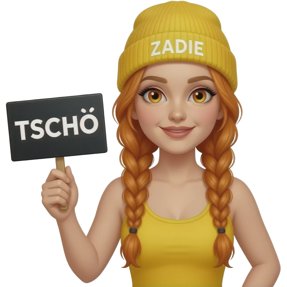 sexy girl with overlong ginger braids and ginger eyes wearing a yellow tanktop and a yellow beanie with ZADIE written on it, is holding a black sign with TSCHÖ written on it emoji