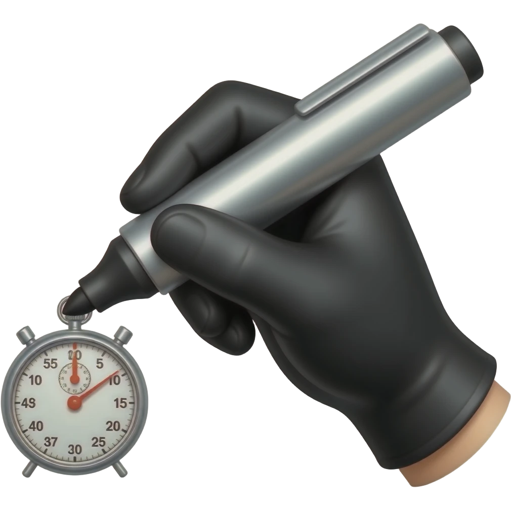 female hand in black simple glove writing with big bold metallic marker, small display timer on the marker emoji